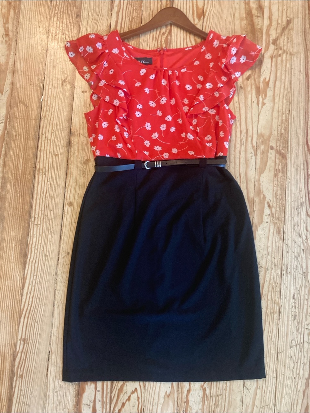 Alyx Red Floral Ruffle Top with Black Skirt Dress